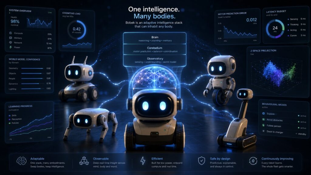 Several different robots - wheeled, legged, tracked - all connected to one Bobek brain